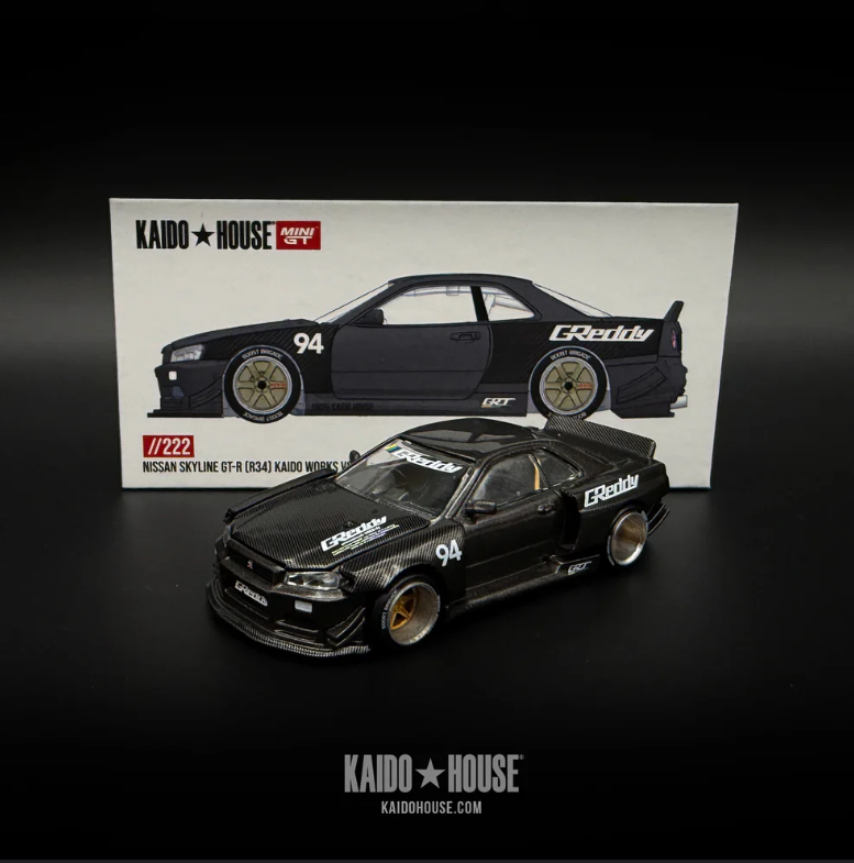 Kaido House x Mini GT 1:64 Nissan Skyline GT-R R34 Kaido Works GReddy V2 Bk #222