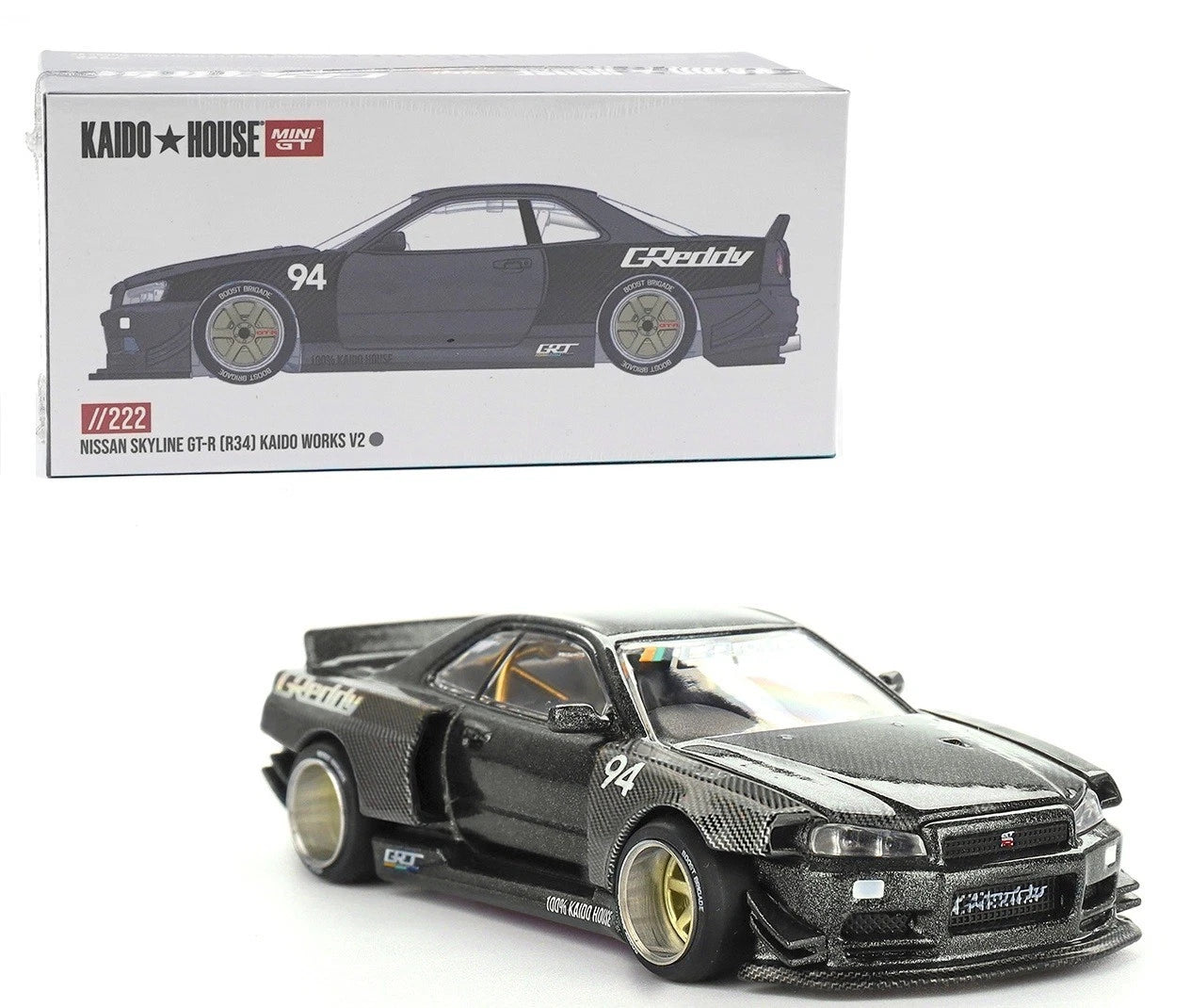 Kaido House x Mini GT 1:64 Nissan Skyline GT-R R34 Kaido Works GReddy V2 Bk #222